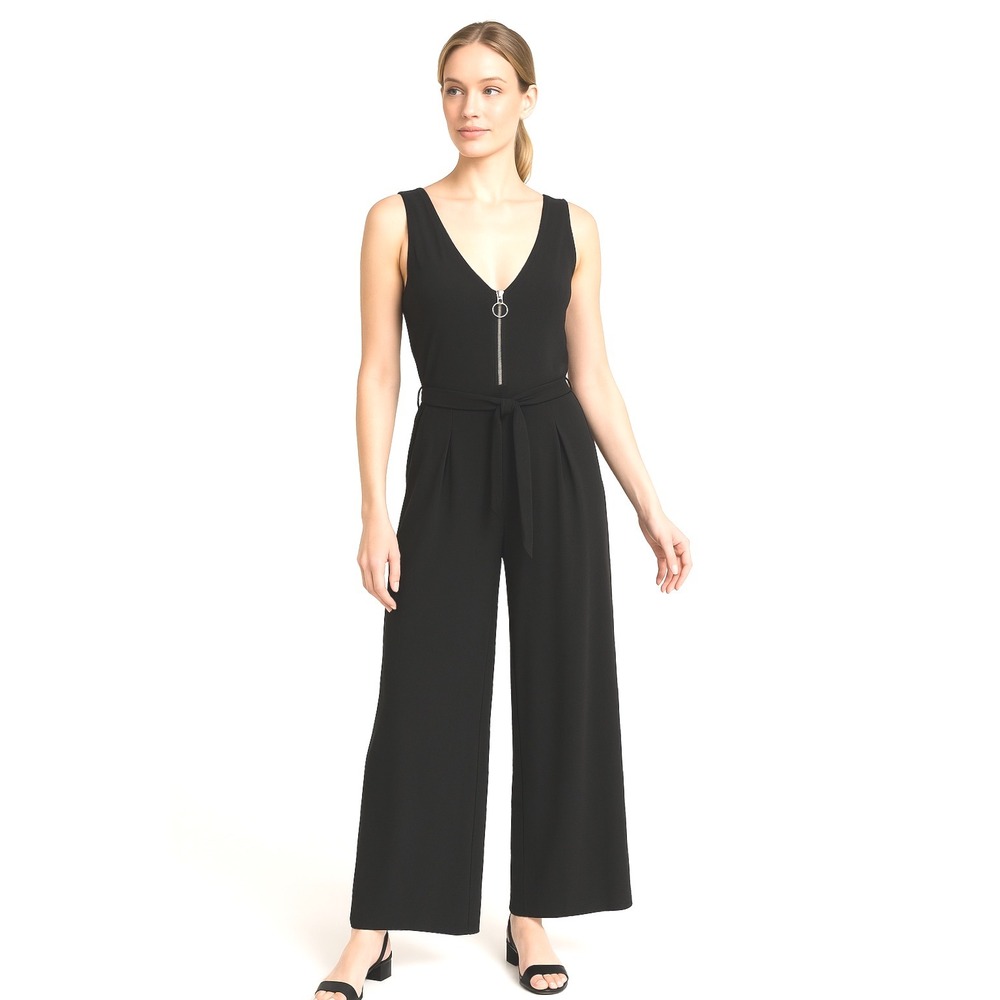 Kensie Black Jumpsuit V Neck Sleeveless Zipper Front Wide‎ Leg L Party 91-47